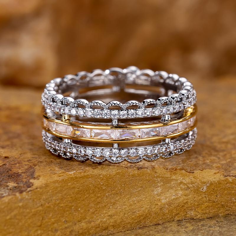 Exquisite Hollow Design Zircon Engagement Rings for Women Elegant Two Tone Style Finger Ring Party Jewelry Accessories