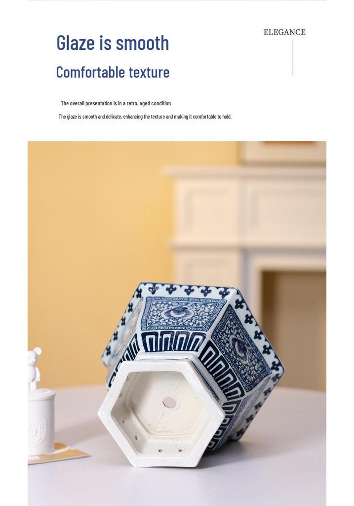 Hexagonal Lotus Flower Bonsai Pot, Blue and White Jingdezhen Ceramic Planter for Orchids and Greenery