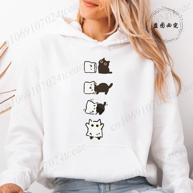 Осеннее флисовое худи с капюшоном, с принтом черного кота Бу, Хэллоуин, модные толстовки, топ с длинным рукавом, на шнурке, с карманами, свободные худи