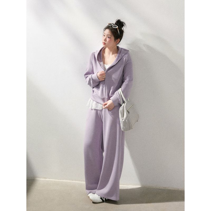 New Plus-Size Women's Clothing for Chubby Girls, Korean Style Early Spring Slimming Purple Hooded Sweatshirt and Casual Pants Set