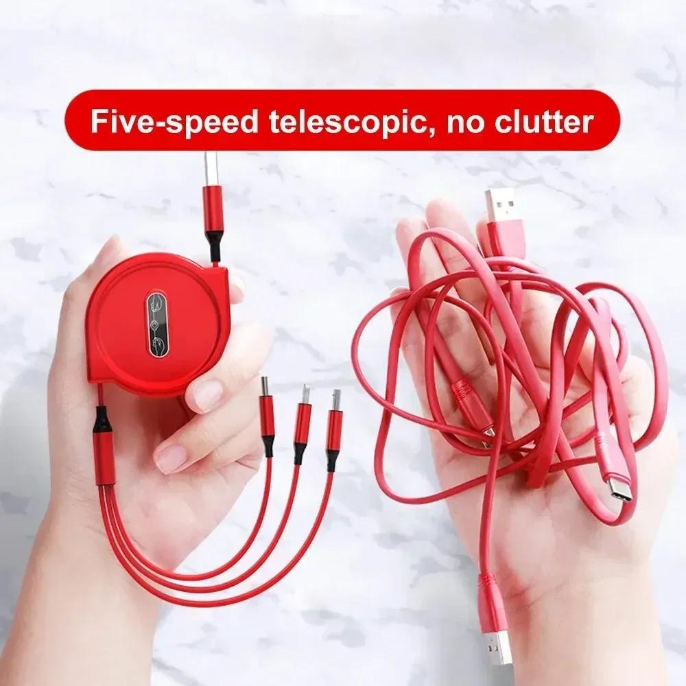 1 шт. Выдвижной кабель 3-в-1 USB Type C Micro USB 8-контактный для зарядки телефона, 110 см, 3A, быстрая зарядка, кабель USB C Amagi