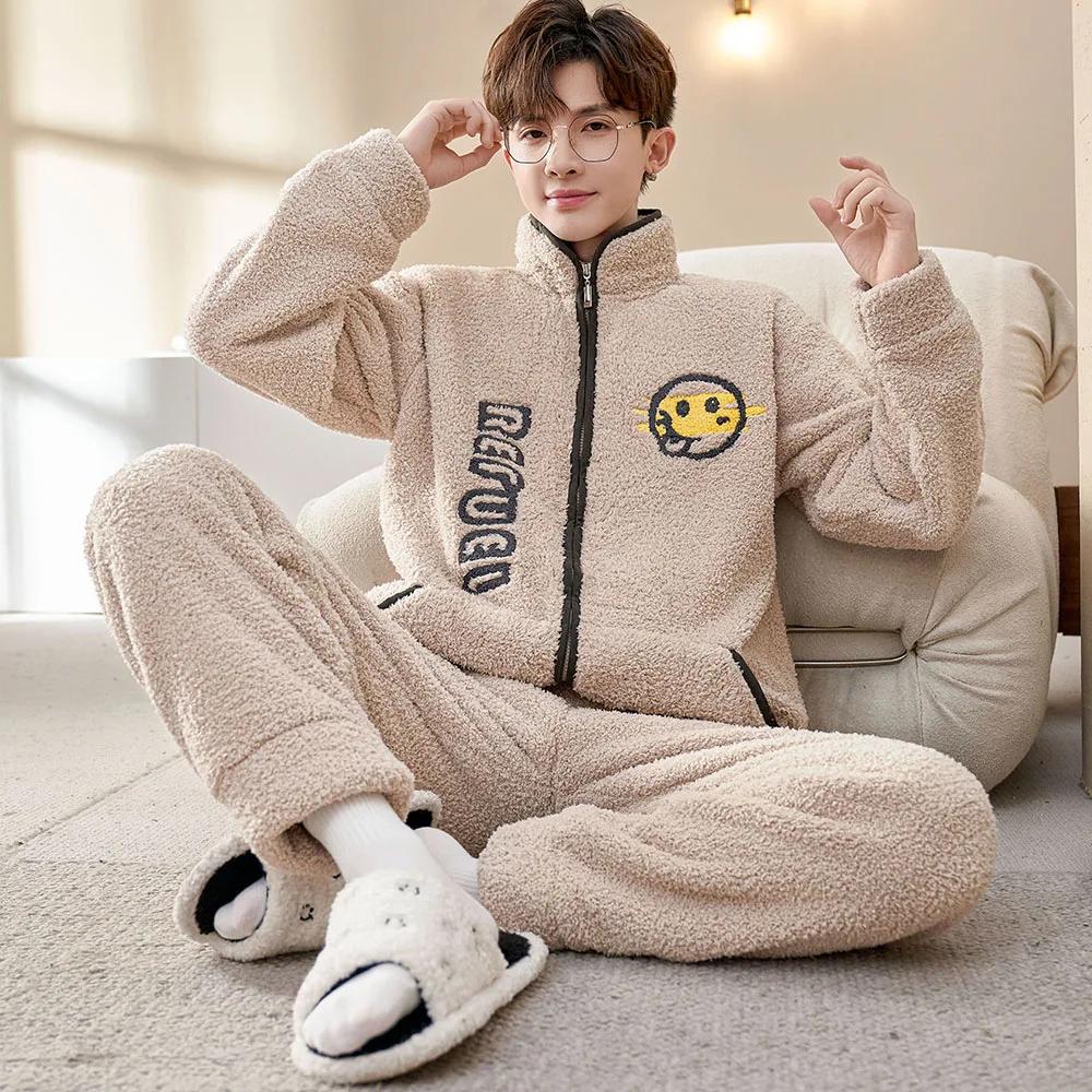 Мужская зимняя теплая пижама, пижамный комплект, мужская фланелевая пижама, домашняя одежда, бархат, коралловый бархат