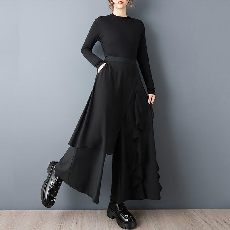 Черный Большой размер Винтажный с высокой талией Повседневный свободный Весна Лето Осень широкие брюки-юбка Женские брюки