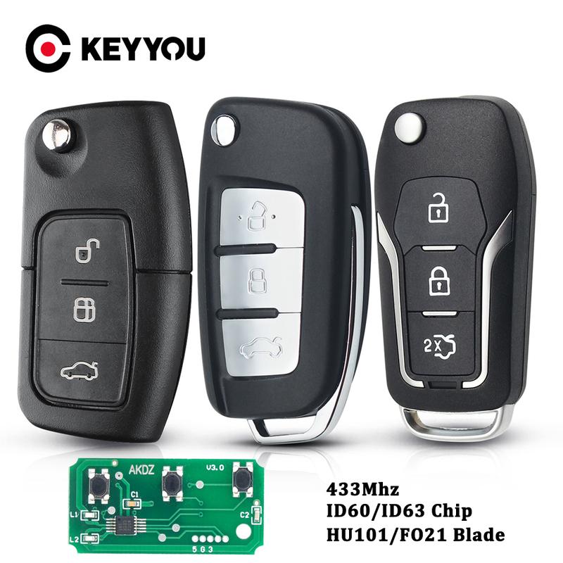 KEYYOU 433MHz 3 Button Flip Key Keyless Entry ID460 ID63 Chip Car Remote Key Fob For Ford Focus Mondeo C Max S Max Galaxy Fiesta