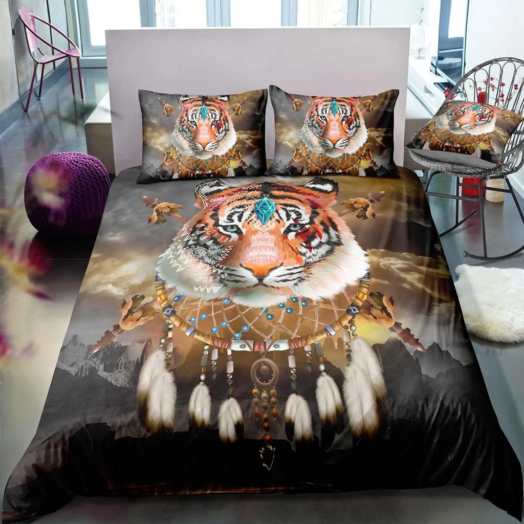 Wolves Dreamcatcher Duvet Cover Set, Animal Prints Queen Size Comforter Cover, Dreamlike Vintage Feather Wolf Bedding 3pcs Sets