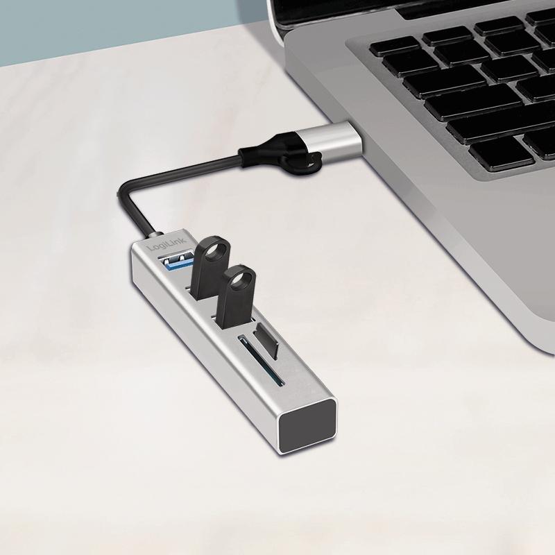 Hub USB 3.0 LogiLink 3xUSB-A SD/microSD card reader 2in1 USB-A/USB-C 5 Gbs