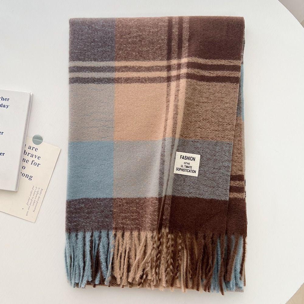 Long Tessel Plaid Wool Scarf Thicken Men Scarf Simple Winter Cashmere Scarf Female