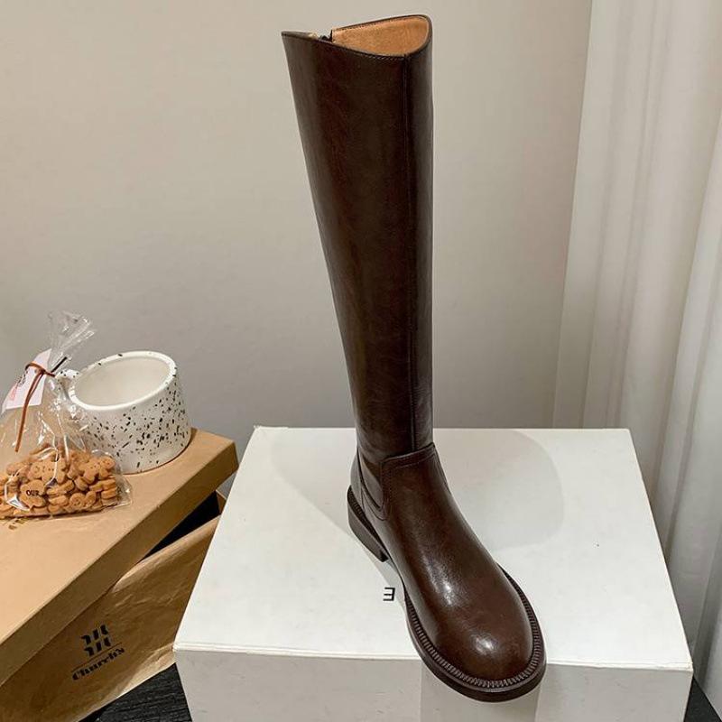 Осень и зима кожаные рыцарские ботинки женские средний каблук универсальные женские кожаные ботинки квадратный каблук большой обхват голенища молния коровья кожа высокие