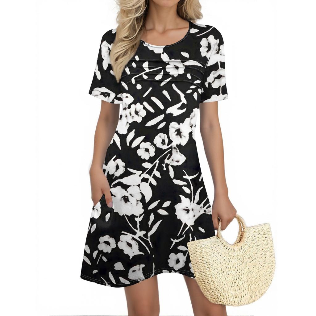 Женские летние платья Женские летние платья с цветочным принтом Повседневные платья с коротким рукавом и круглыми карманами
