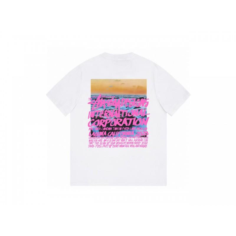 Футболка Stussy с коротким рукавом для подростков Свободный крой Хлопок 270 г Круглый вырез Повседневная одежда