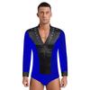 Mens Dance Leotard Glittery Rhinestones V Neck Design Long Sleeve Satin Patchwork Bodysuit