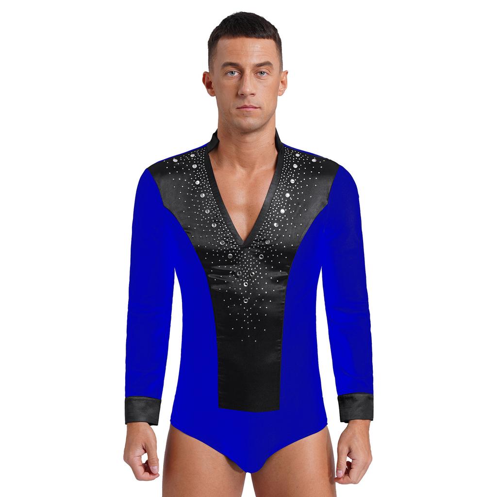 Mens Dance Leotard Glittery Rhinestones V Neck Design Long Sleeve Satin Patchwork Bodysuit