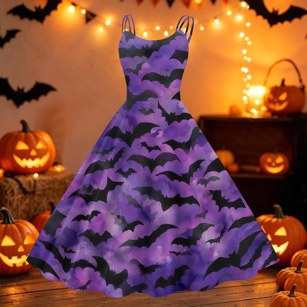 Women's Halloween Pumpkin Print Off Shoulder Dress Vintage Punk Style Flared Skirt Sleeveless Spaghetti Strap Dress