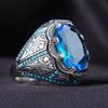 Retro Handmade Turkish Signet Ring For Men Vintage Ancient Zinc Alloy Color Carved Blue Zircon Ring Punk Motor Biker Muslim Zircon