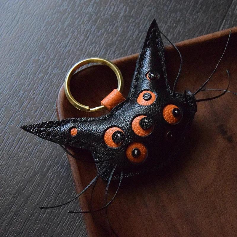 Handmade Leather Black Cat KeyChain Bag Charm