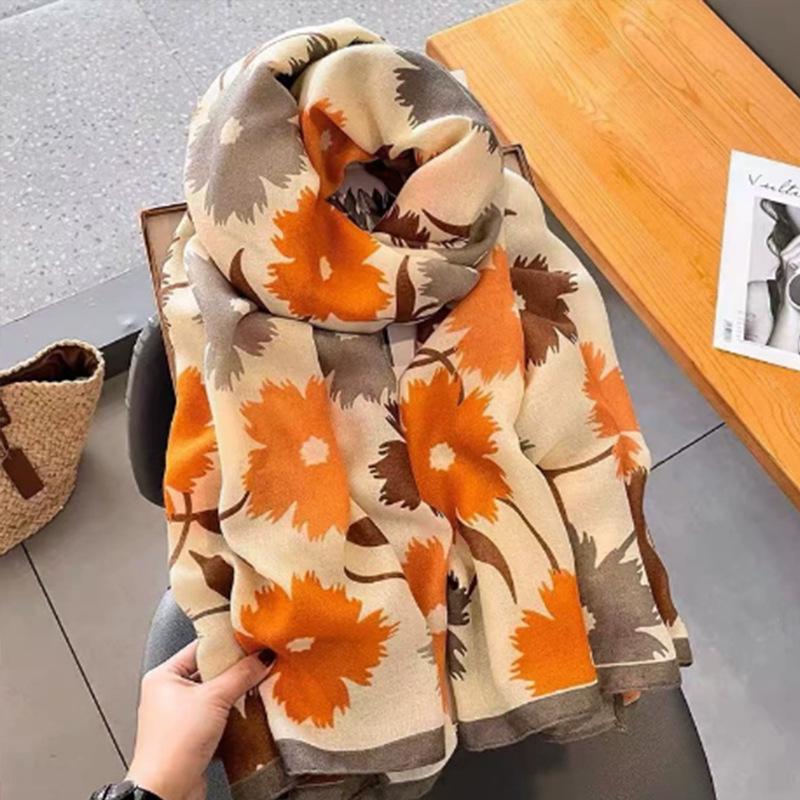 Korean Style Floral Cotton Linen Scarf - Versatile Autumn/Winter Shawl for Women
