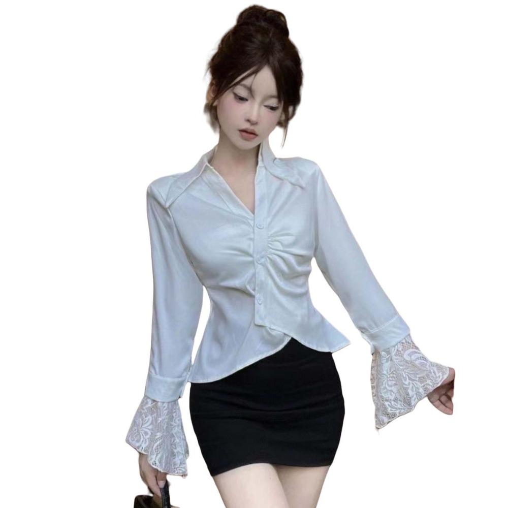 V-neck Lace Long Sleeve Shirts Lace Clothing Sleeves Slim Buttons Shirts Korean Style Blouse  Women