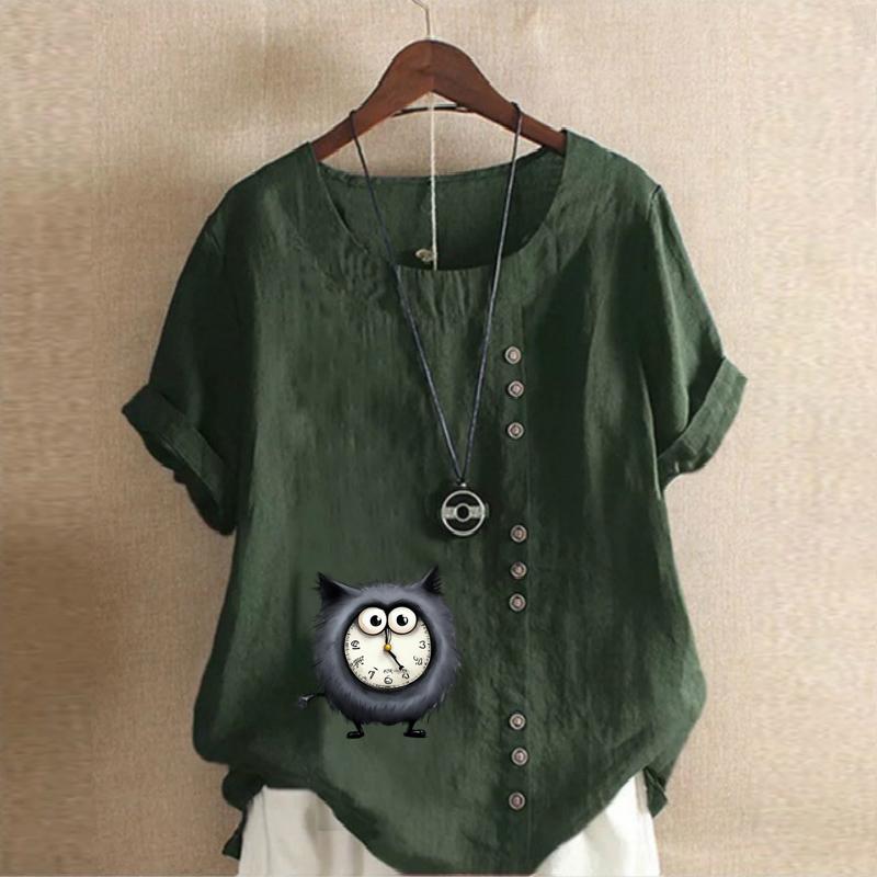 Women's Fashion Alarm Clock Cat Prined Short Sleeve T-shirt Loose Cotton Shirt Casual Loose Summer Blouse Tops Plus Size