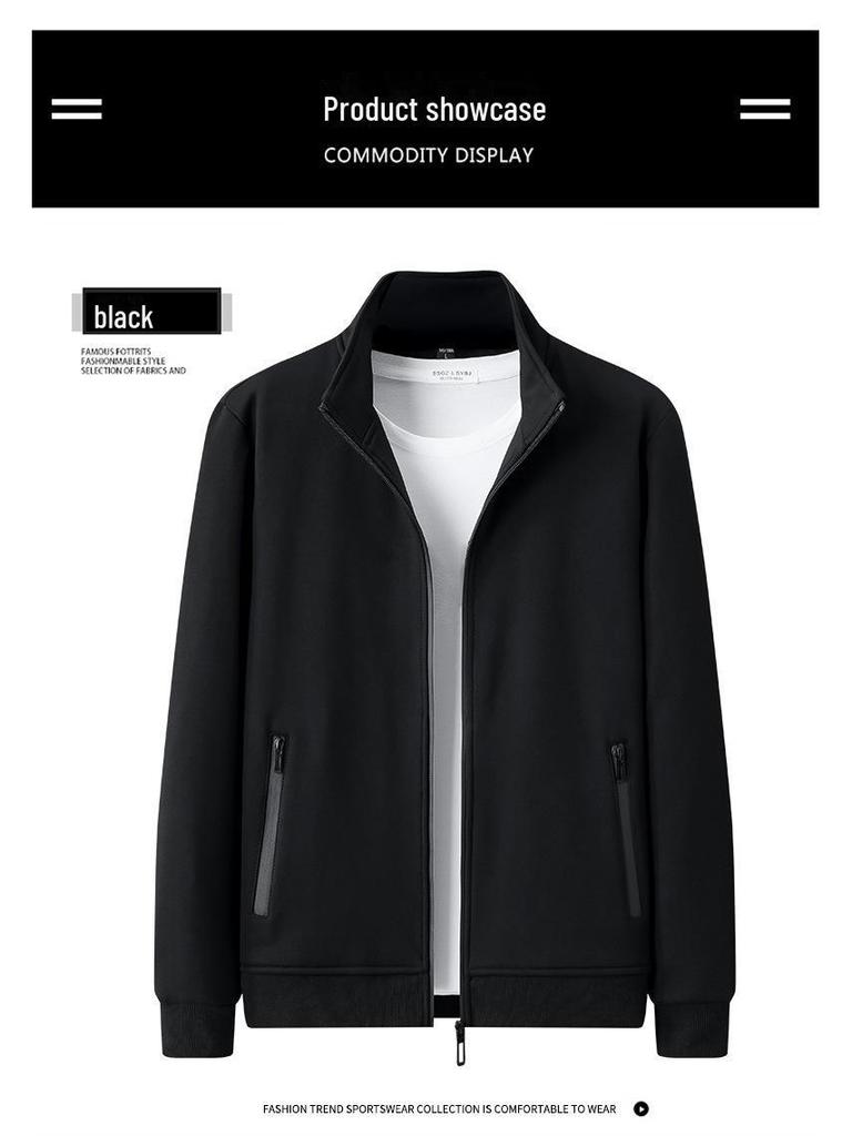 Men's Solid Color Stand Collar Cardigan Sweater with Velvet, Customizable Logo, Spring/Autumn Casual Sports Jacket.