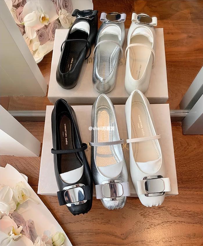 Весна 2025 Кожаные балетки Мэри Джейн с бантом и квадратным носком