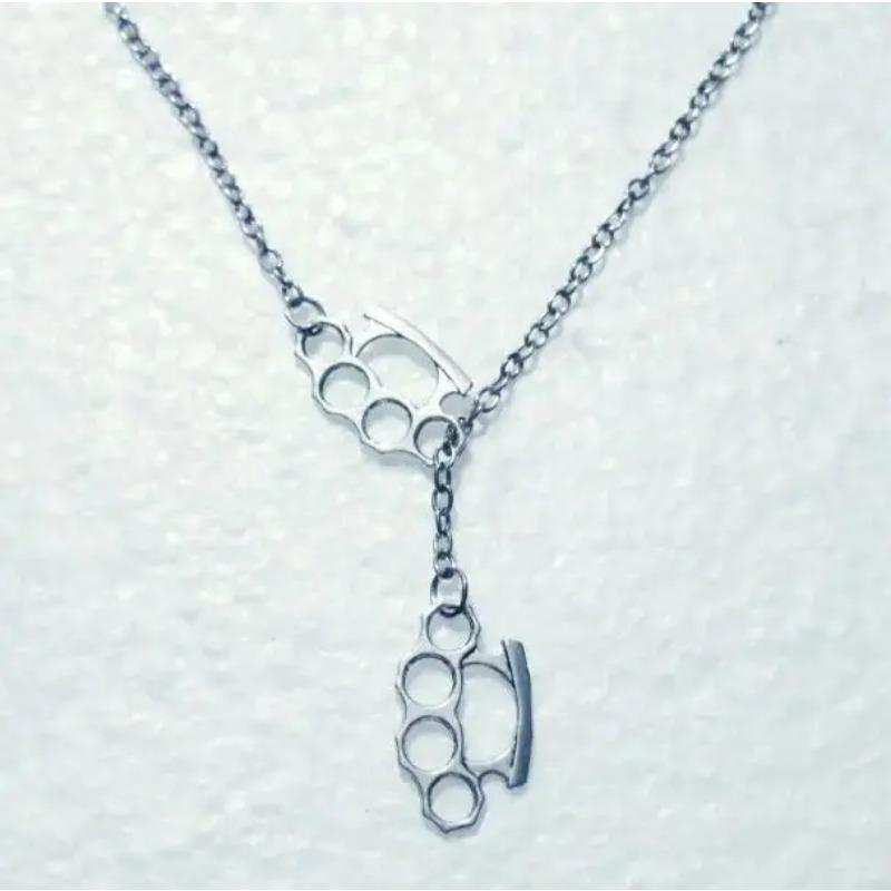 Fashion Vintage  Double Brass Knuckle Dusters Pendant Adjustable Cross Lariat Necklace For Women Men Goth Jewelry