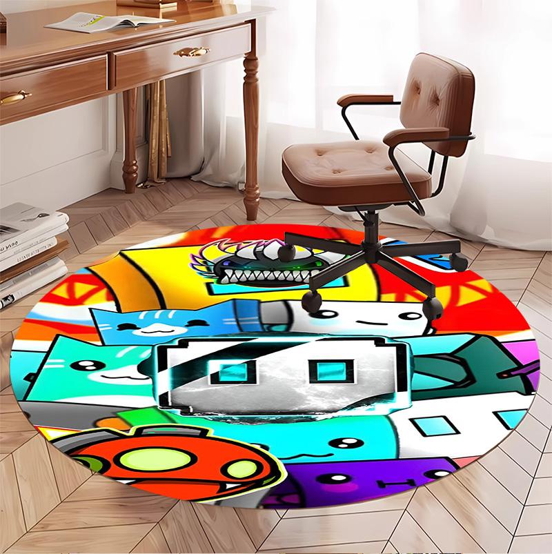 Geometry Dash Pattern Round Rug, Indoor/Outdoor Mat, for Picnic, Gameroom, Bedroom, Office, Living Room, Home Decor Carpet, Birthday Gift