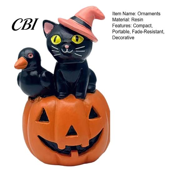 Office Desk Decorations Halloween Cat Pumpkin Figurine, Retro Black Stacked Resin Figurine for Table Mantel Home Fireplace Shelf Indoor Party Ornament
