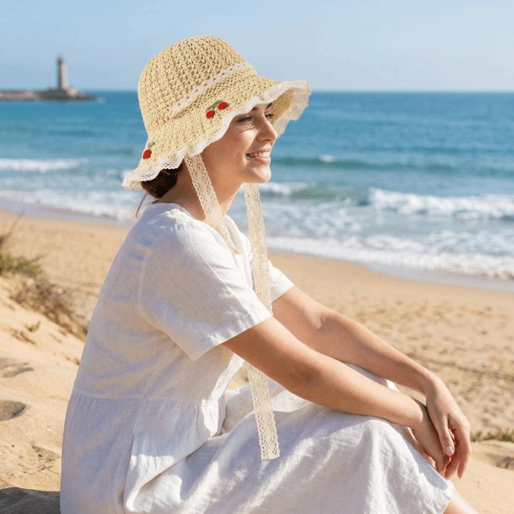 Cherry Embroidered Straw Fisherman Hat Lace Woven Bucket Hat Retro Women Sun Hat Ladies
