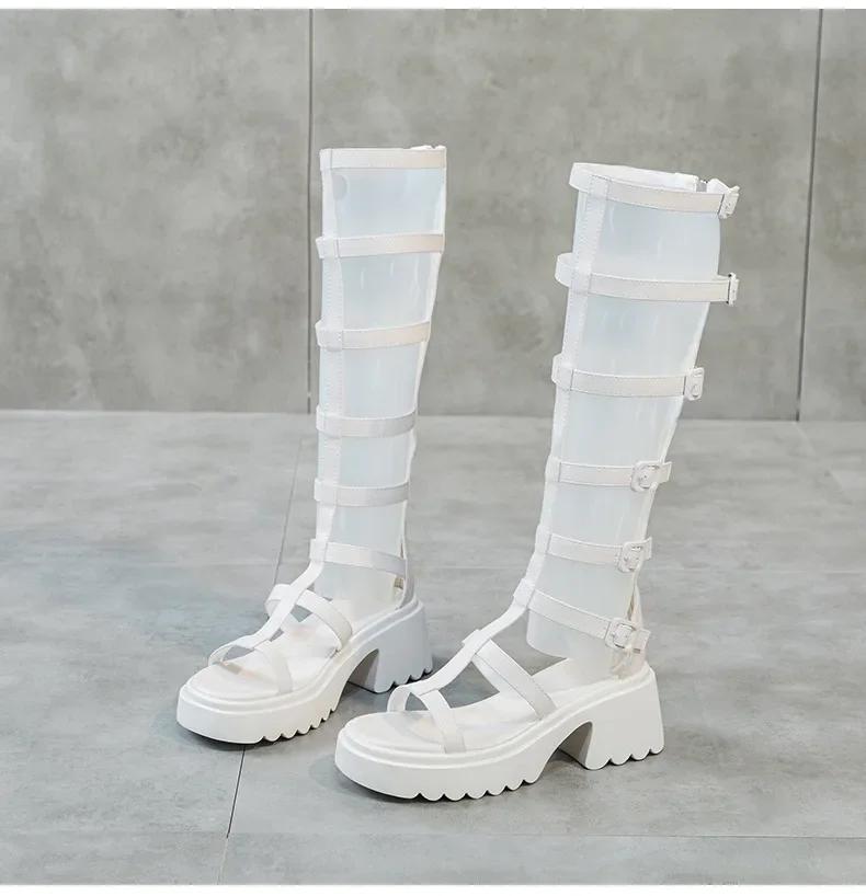 Модные длинные римские босоножки с открытым носком для женщин на лето 2025 года, на тонком высоком каблуке, с задней молнией.