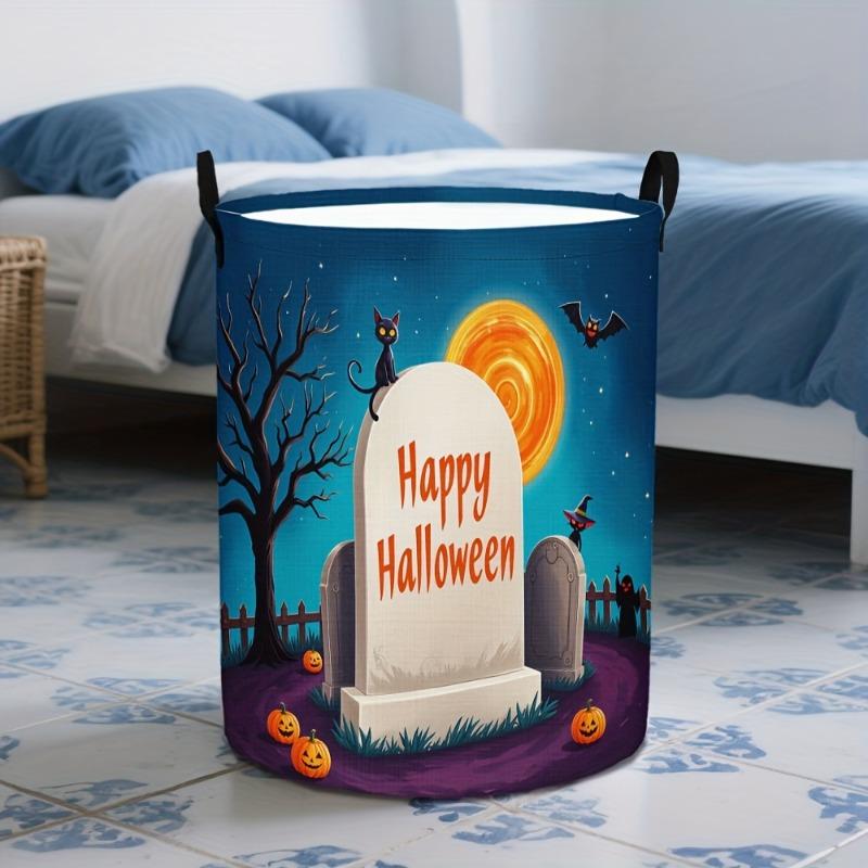 1pc Laundry Basket, Halloween-themed Dirty Laundry Basket with Black Cat, Bat, Jack-o'-Lantern, and Tombstone Design - Suitable for Use in Rooms and D