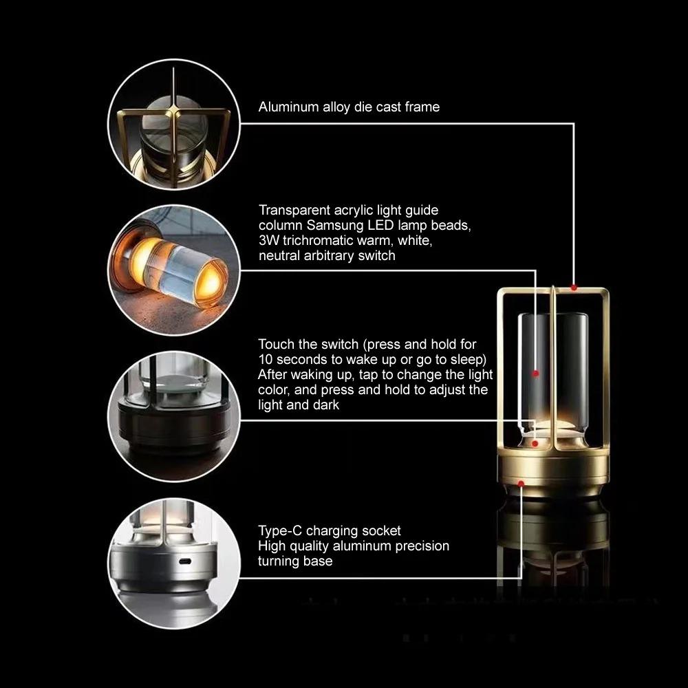 Светодиодная настольная лампа из алюминия и хрусталя для ресторана, бара, настольная лампа с затемнением, атмосфера, 5200 мАч, USB-зарядка, сенсорный выключатель, украшение для спальни