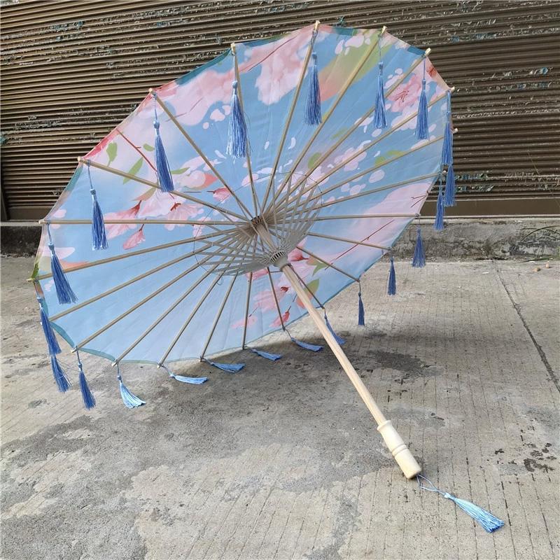 1PC with Tassel Classical Women's Umbrella for Hanfu Accessories Satin Cloth Photograph Props Fairy Ancient Parasol