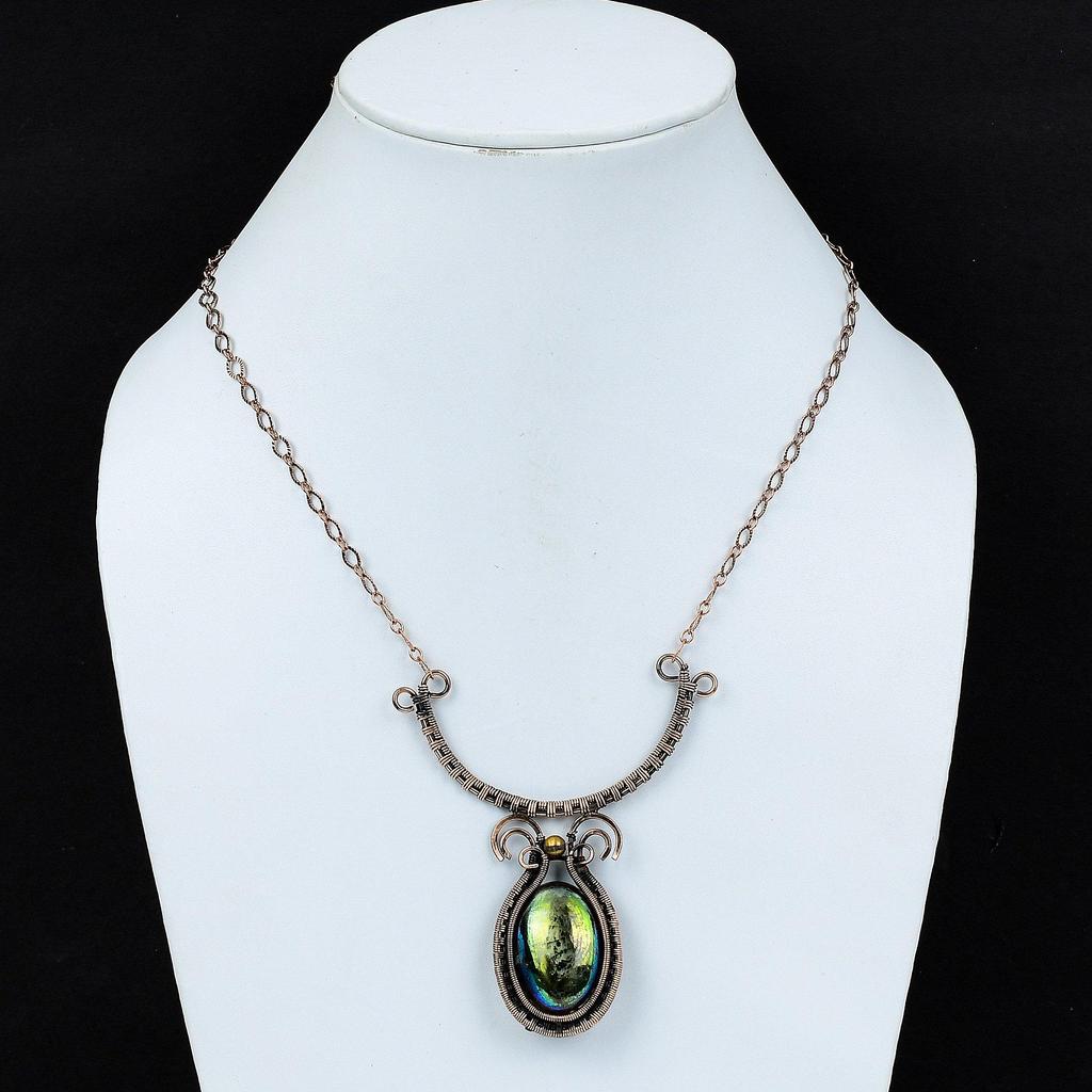 Ожерелье из лабрадорита Mystic Fire, медная проволока, ожерелье из драгоценных камней, регулируемое ожерелье, медные украшения ручной работы, уникальное ожерелье для подарка