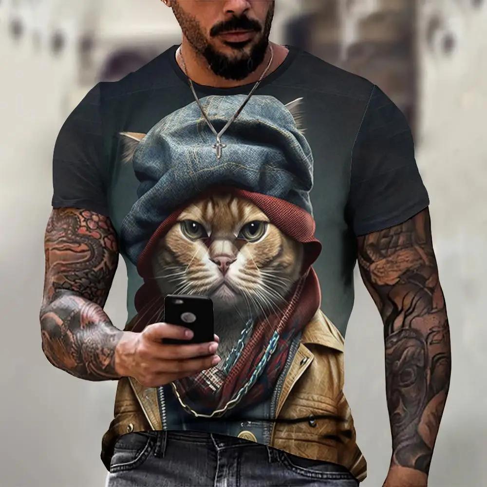 Мужская 3D-печатная футболка Милый рисунок кота Короткий рукав Круглый вырез Пуловер Повседневный топ