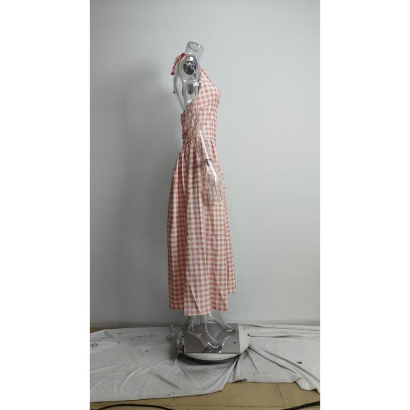 Women French Style Halter Neck Pleated Waist Cinching Long Dress