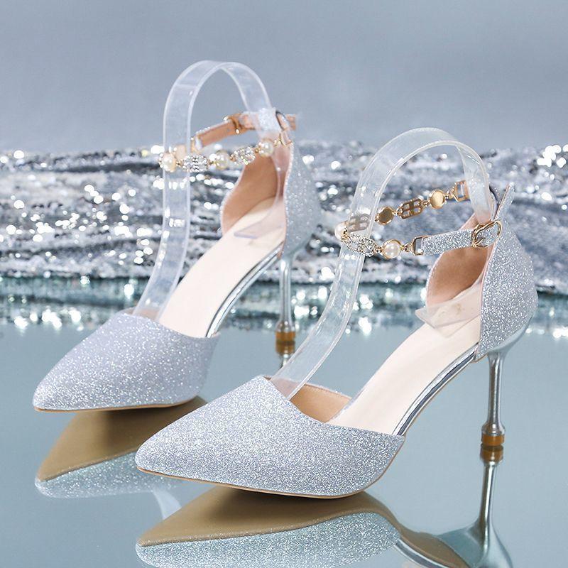 Ladies High Heels Ankle Buckle Strap Women's Trend Dress Pump Women Pearl Metal Decoration Spike Heels Shoes Women