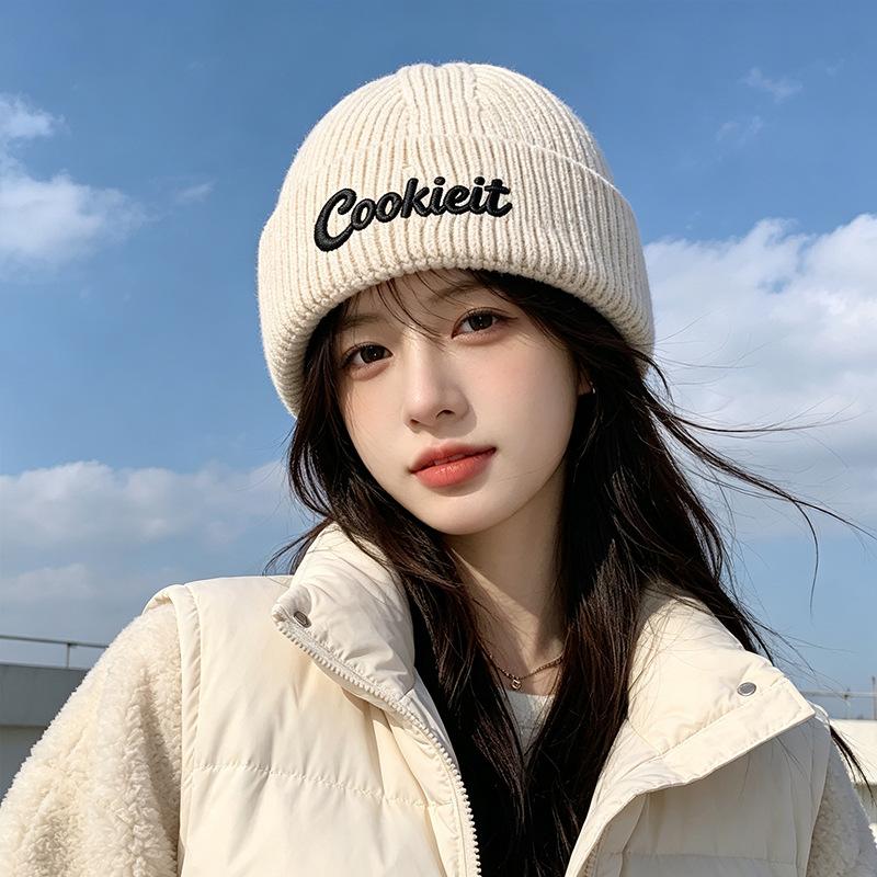 New Letter Embroidery Versatile Warm Knitted Pullover Hat Outdoor Warm Men's and Women's Fashion Temperament Ear Protector Wool Hat