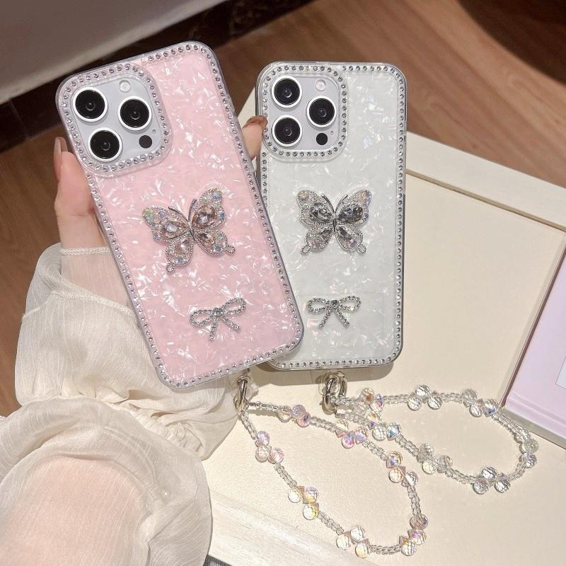 Алмазный чехол для iPhone 17 Pro Max 11 12 14 13 15 16 Plus Кристаллическая бабочка Короткая цепочка Защитный блестящий браслет Ремешок Чехол