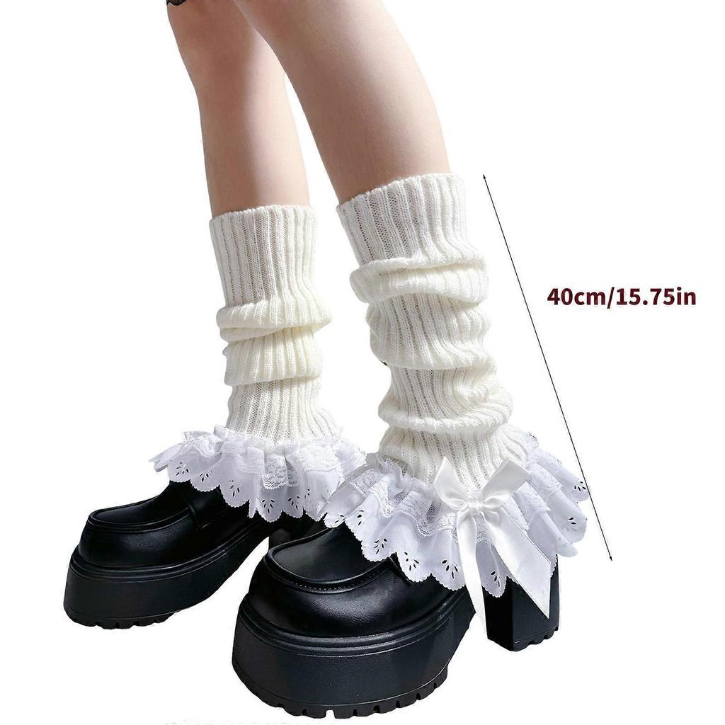 Girls Lolitas Ruffle Frilly Leg Warmers Knitted Leg Sleeves Goth Crochet Ankle Heap Socks JK Uniform Foot Covers  White