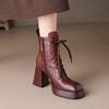 2025 зима новые ретро водонепроницаемые настольные шнурованные ботинки Мартин женские квадратный носок толстый каблук высокий каблук одинарные ботинки бархатные короткие ботинки
