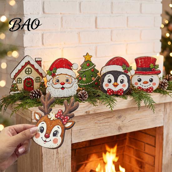 Solid Wood Holiday Decorations Christmas Wooden Vintage Sign, Rustic Table Ornament, 2D Santa Claus Home Party Supplies Snowman Penguin Desktop
