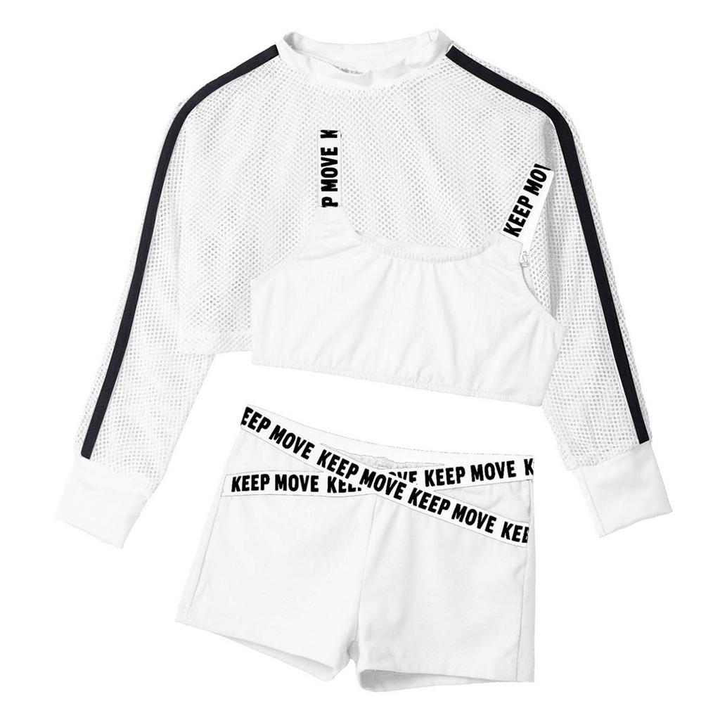 Крутые танцевальные наряды в стиле хип-хоп для девочек, комплект из 3 предметов, короткая сетчатая блузка для тренировок с топом на бретелях и шортами для мальчиков, одежда для уличных танцев