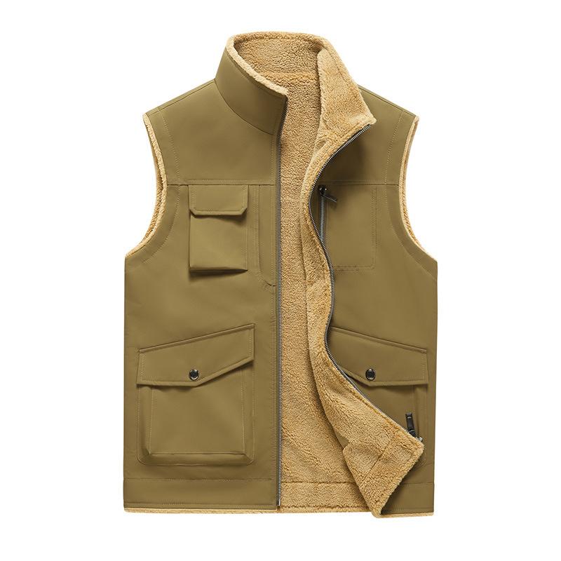 Men's Fleece Multi-pocket Cargo Vest Autumn and Winter New Stand Collar Thickened Outdoor Sports Vest