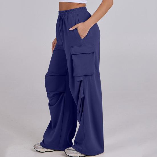 Women Cargo Pants Elastic Waist Mid-rise Straight Wide Leg Sweatpants with Multi Pockets Solid Color Casual Jogging Pants Loose Lounge Pants