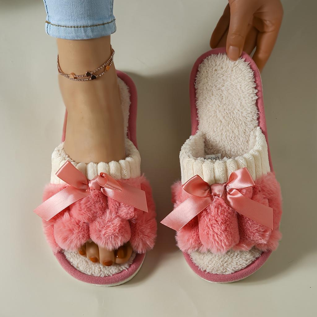 Warm Bowknot Decor Slippers, Casual Open Toe Plush Shoes, Comfortable Indoor Home Slippers