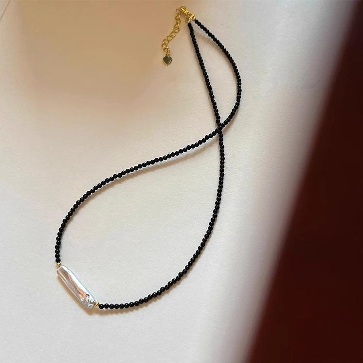 Special-Shaped Baroque Silver Bar Freshwater Pearl Necklace Femininity Ultra-Fine 2Mm Black Agate Beaded Necklace Female