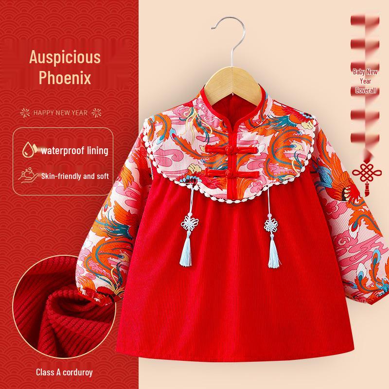 Детский вельветовый комбинезон в китайском стиле: Водонепроницаемый, грязеотталкивающий, двусторонний фартук в стиле тан-сюй для мальчиков и девочек, идеально подходит для осени и зимы.