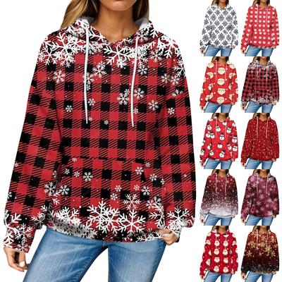 Женская повседневная мода рождественский принт длинный рукав пуловер толстовки с капюшоном свитшоты