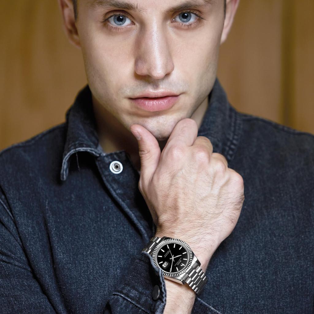 Часы водонепроницаемые брендовые кварцевые аналоговые часы простые популярные деловые модные серебристо-черные светящиеся часы подарок на день рождения [BUREI] мужские