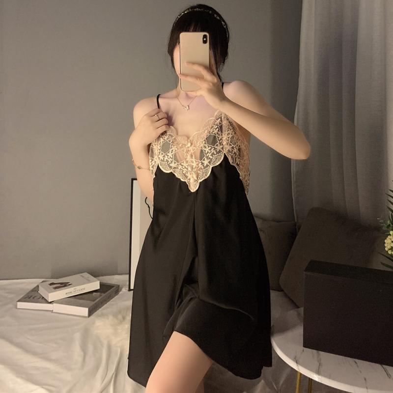 Nightgowns Women's Summer Suspenders Ice Silk Nightdress Thin Home Pajamas Loose Slim Sexy Lace Sleepwear